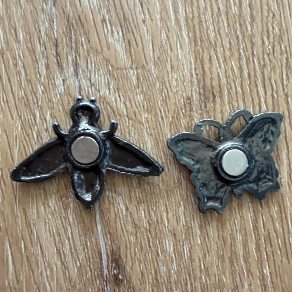 Vintage Pewter Tone Insect Magnets Set Bee and Butterfly Decor 2pc